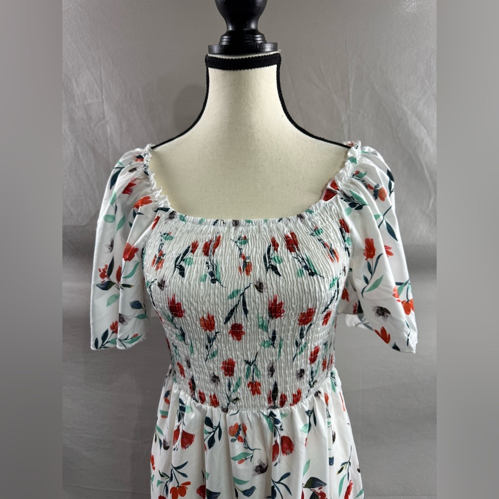 Boho Floral Print Square Neck Butterfly Sleeve Ruffle Hem Dress - Picture 7 of 9